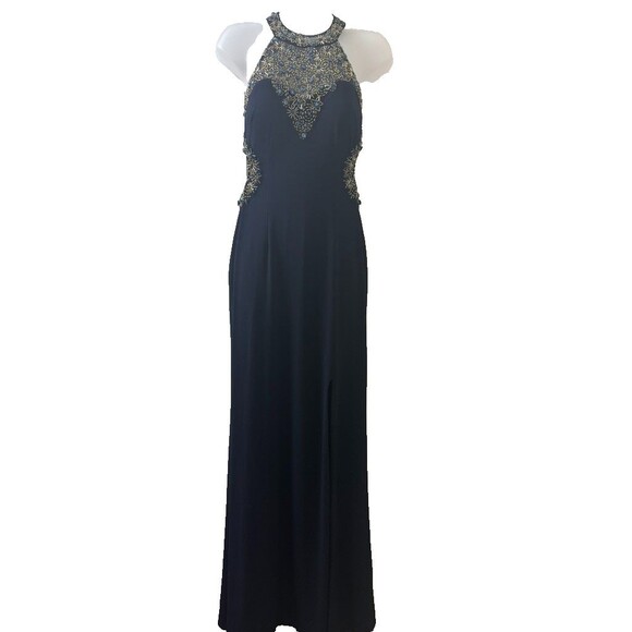 Betsy & Adam Women Navy Sequin Beaded Embellished Gown maxi Lining Dress Size 4 - Picture 1 of 16